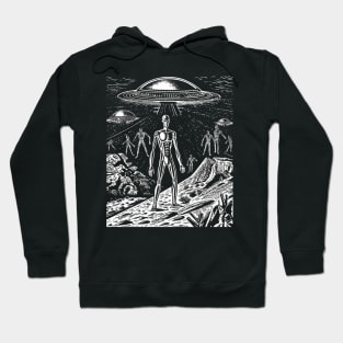 Black and White Alien UFO Invasion Art - Monochromatic Extraterrestrial Design Hoodie